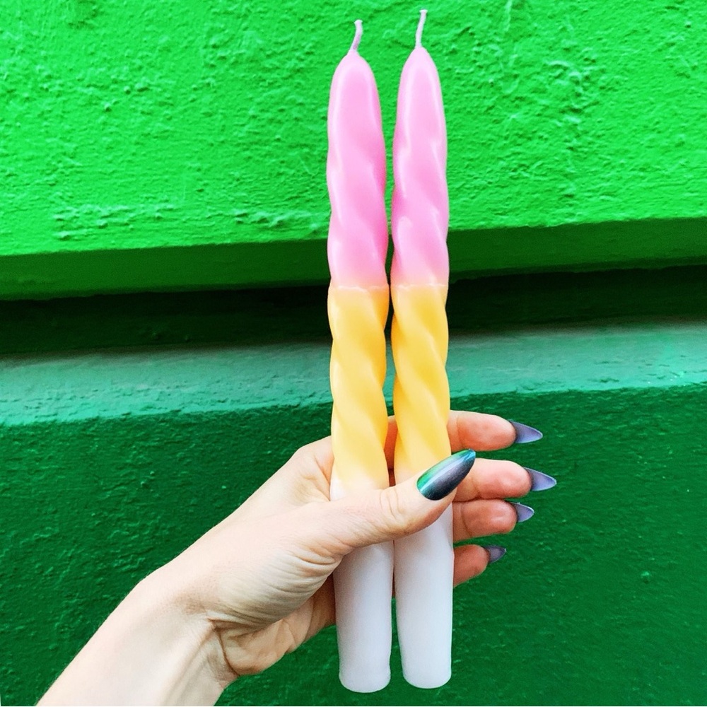 Set of 2 Taper Candle in Pink Yellow White | Spiral Unscented Aesthetic Dinner